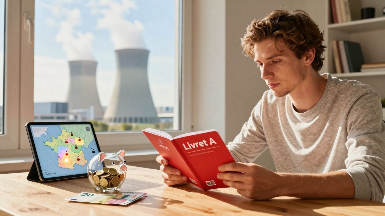 Homem a ler livro financeiro com cofres, notas e usinas nucleares vistas pela janela.