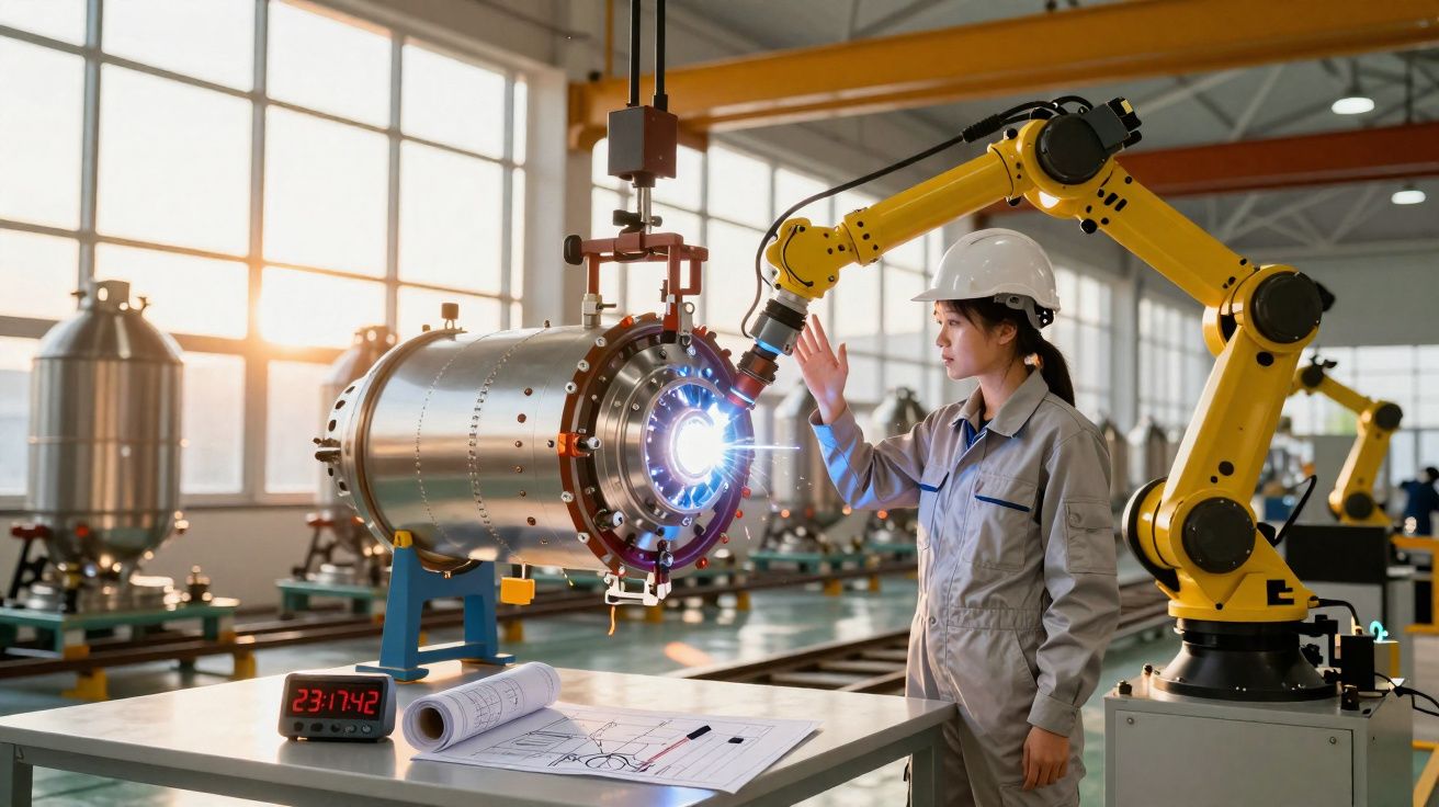 Engenheira com capacete interage com braço robótico que opera equipamento numa fábrica moderna.