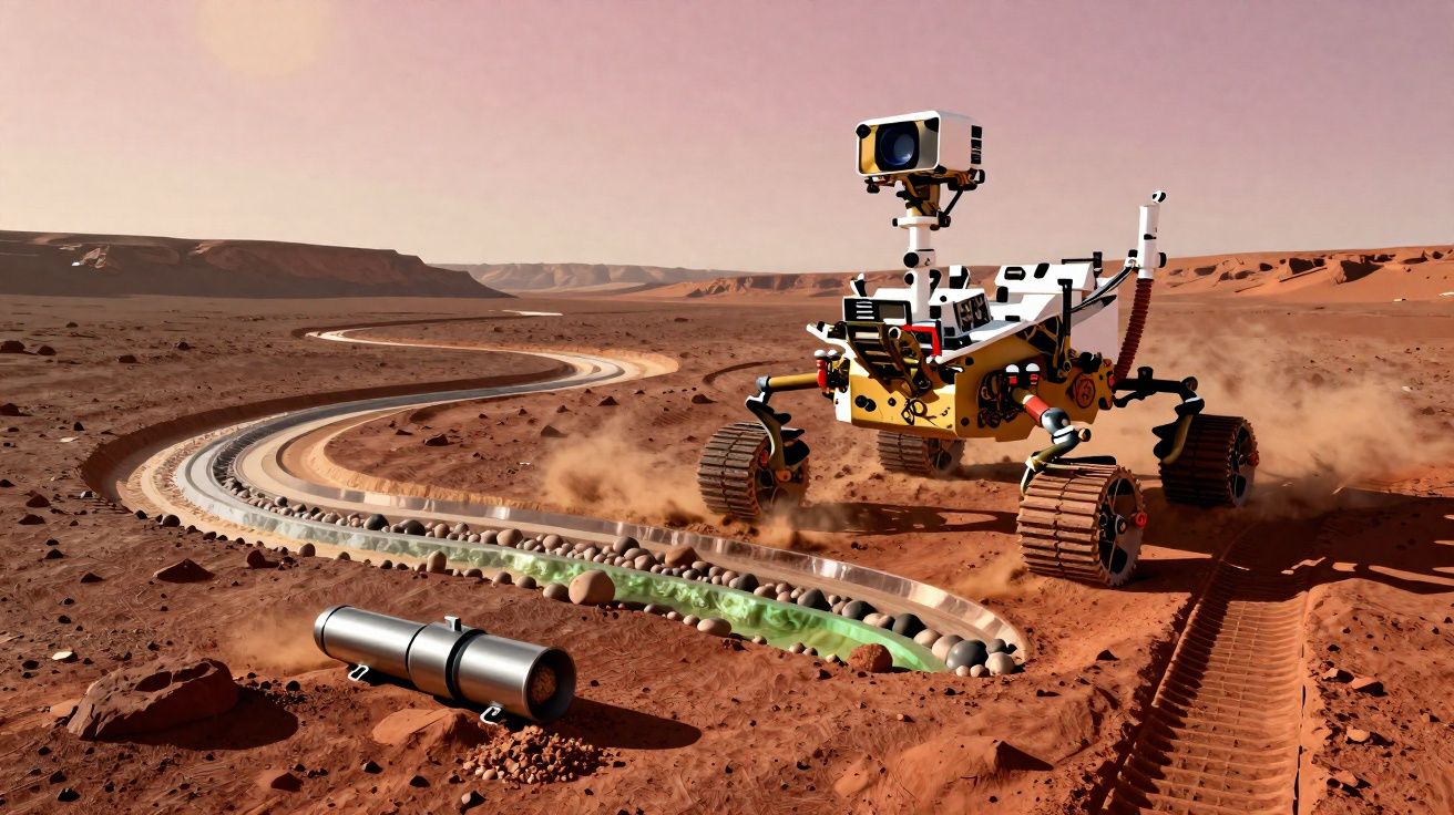 Rover a explorar a superfície vermelha e acidentada de Marte com rastros visíveis na poeira.