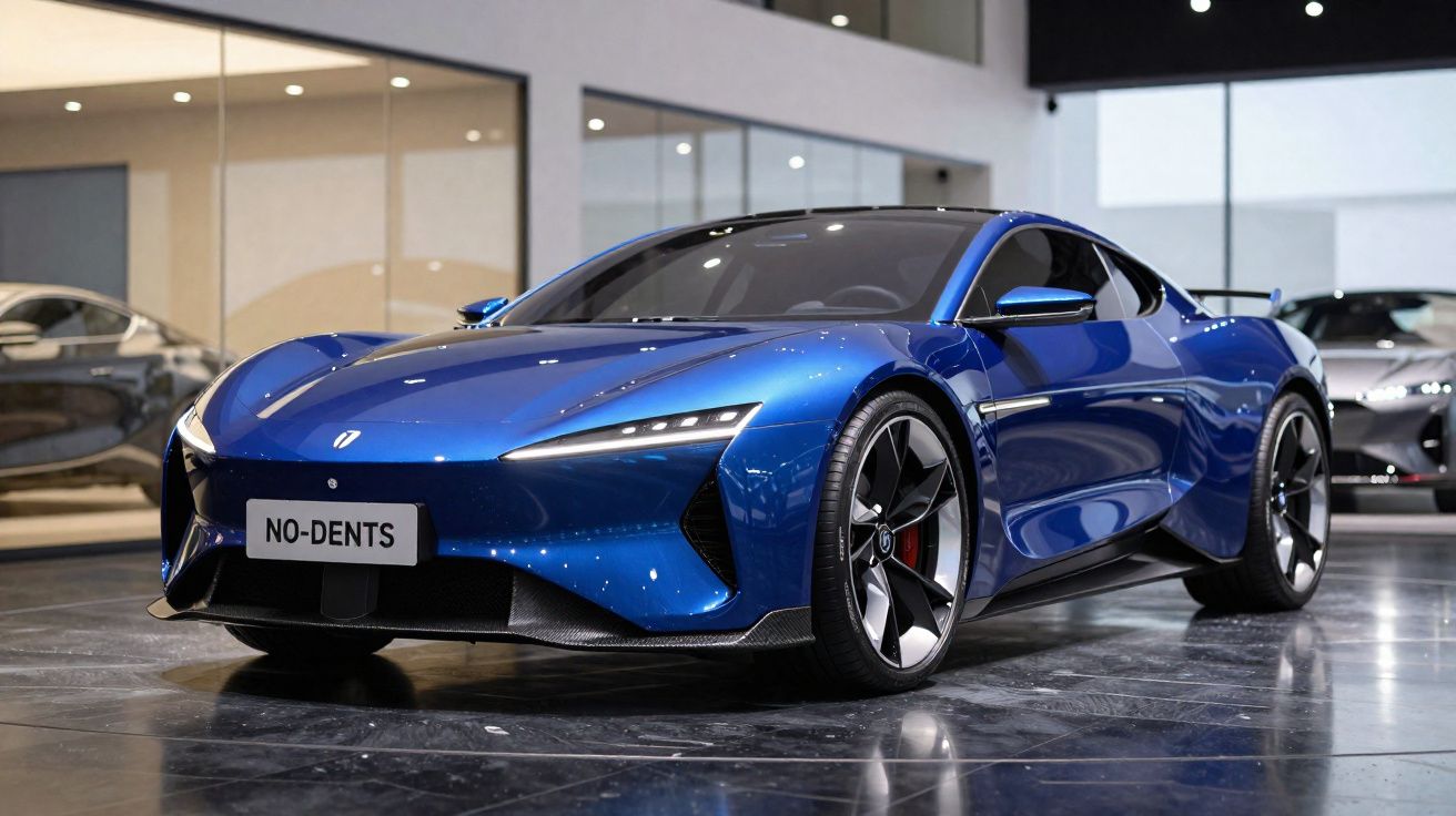 Carro desportivo azul metálico com linhas aerodinâmicas exibido em showroom moderno.