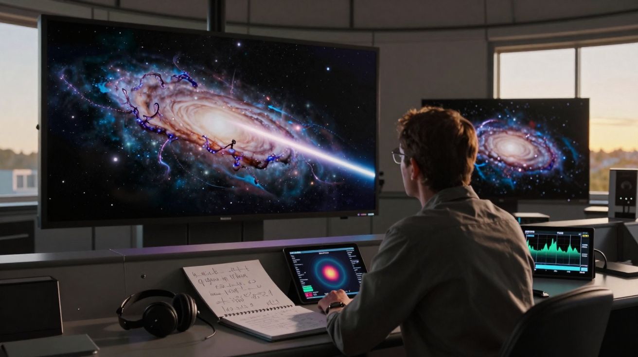 Pessoa a estudar imagens de galáxias e dados astronómicos em vários ecrãs numa sala de controlo.