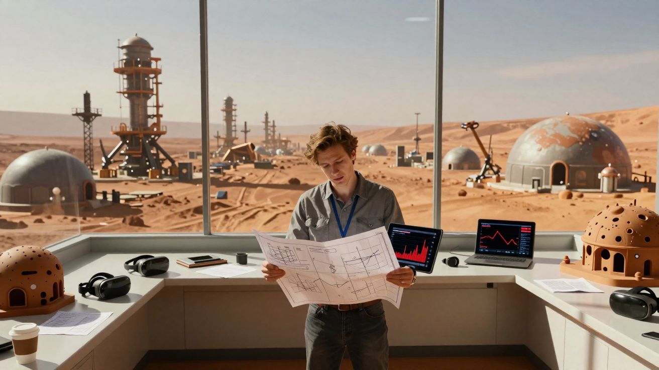 Homem a analisar plantas arquitetónicas numa estação futurista num ambiente desértico com domos e torres.