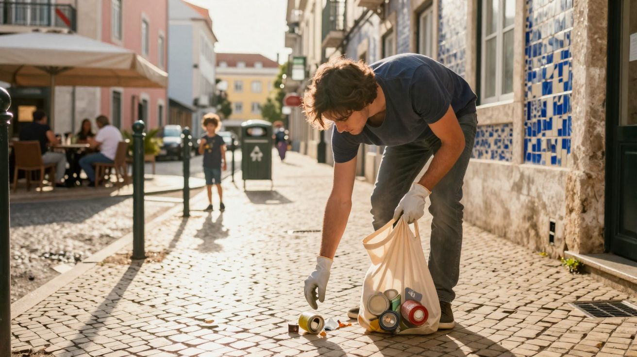 Homem com luvas recolhe latas de lixo na calçada numa rua com azulejos e esplanada ao fundo.