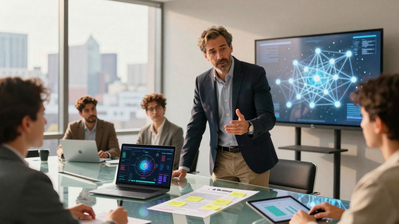 Homem de negócios apresenta gráfico digital a colegas numa reunião de escritório moderno.