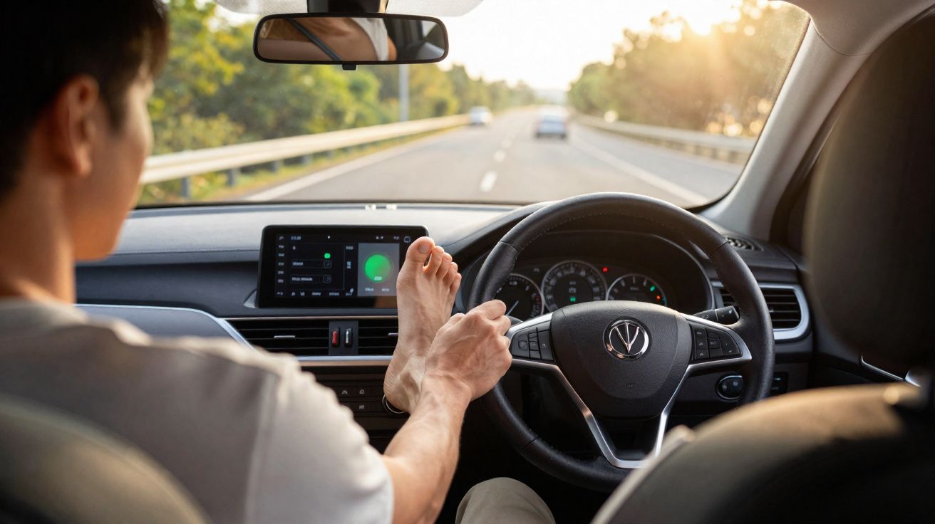 Homem ao volante de carro conduzindo com os pés numa estrada ensolarada.