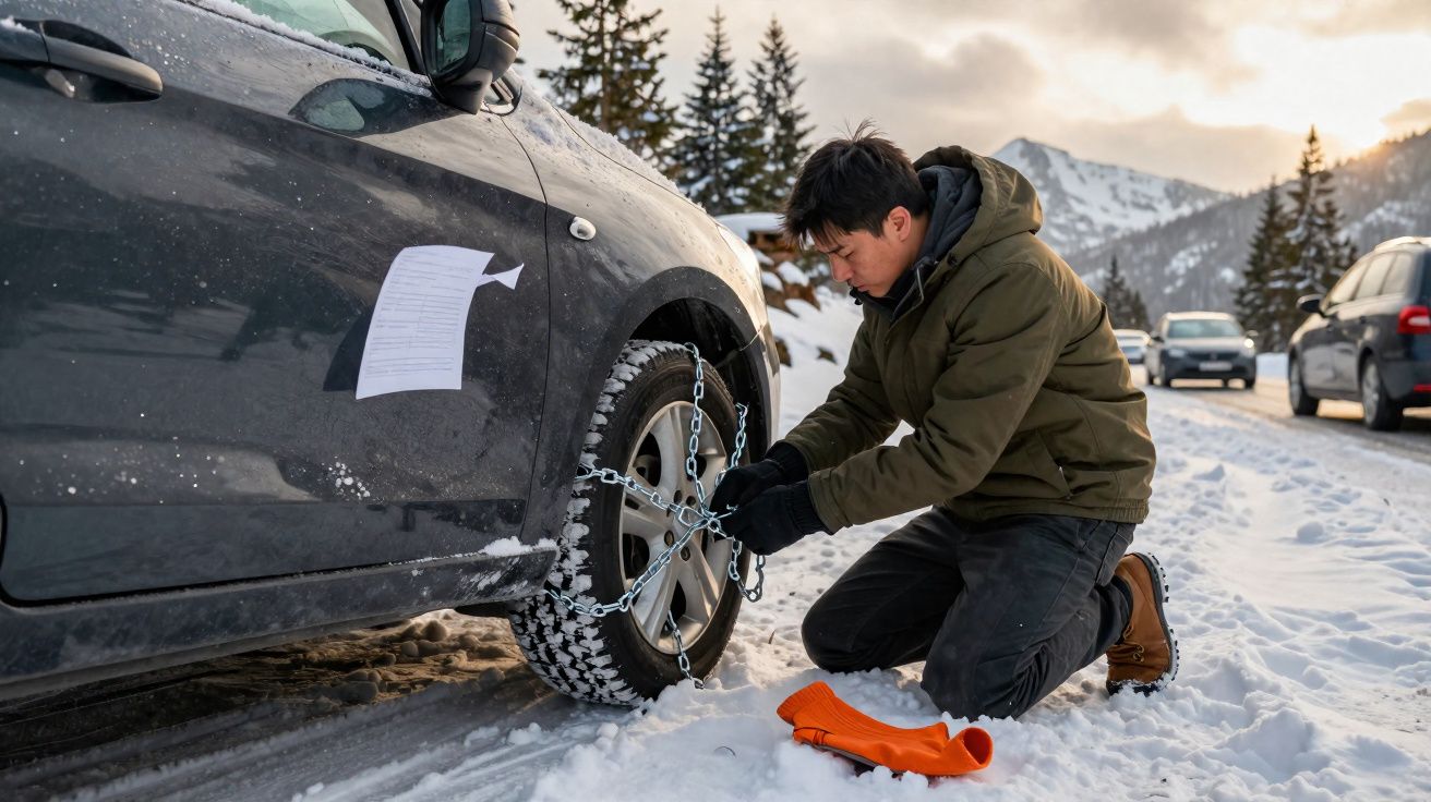Homem a colocar correntes de neve no pneu de um carro numa estrada nevada com montanhas ao fundo.
