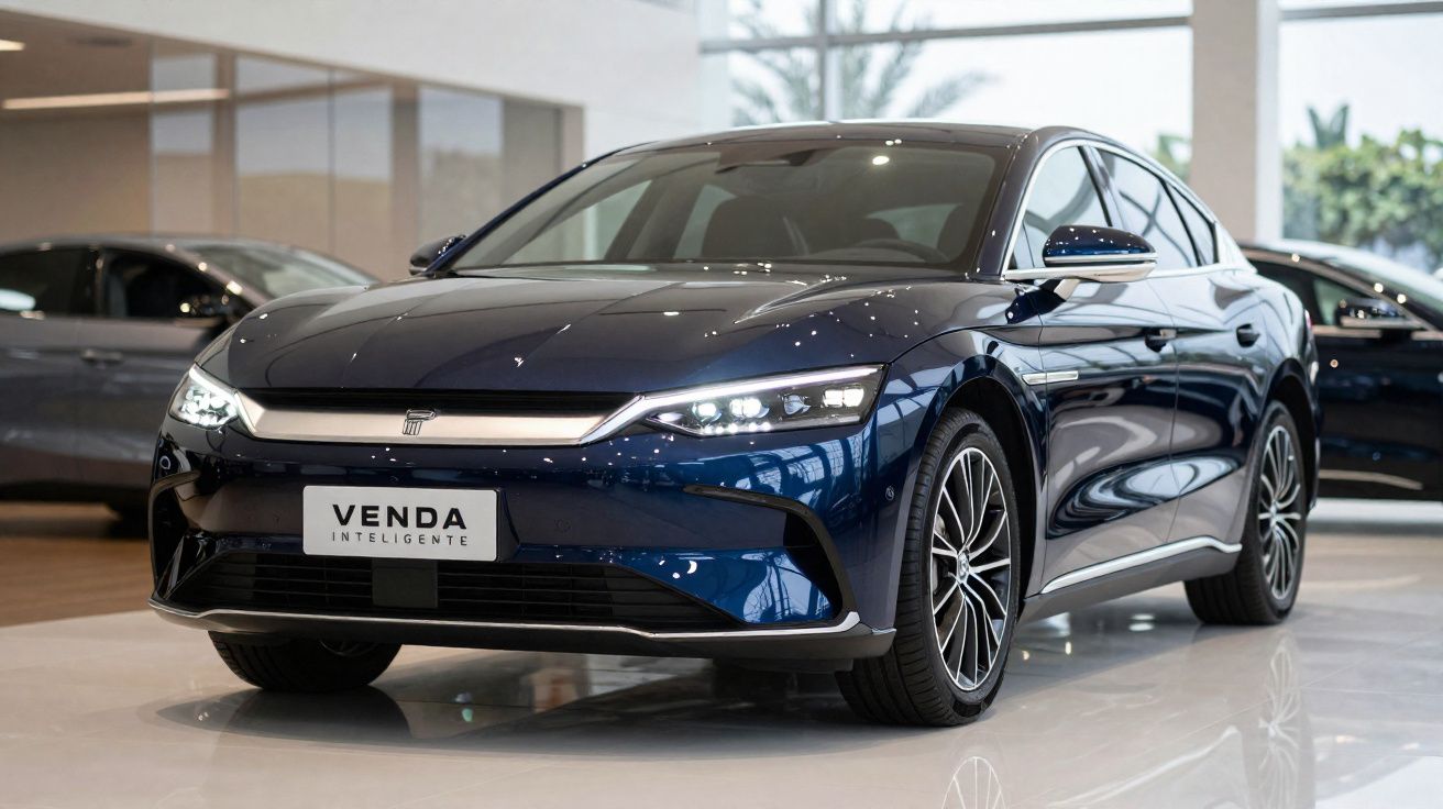 Carro elétrico novo azul escuro com luzes LED ligado em exposição numa concessionária moderna.