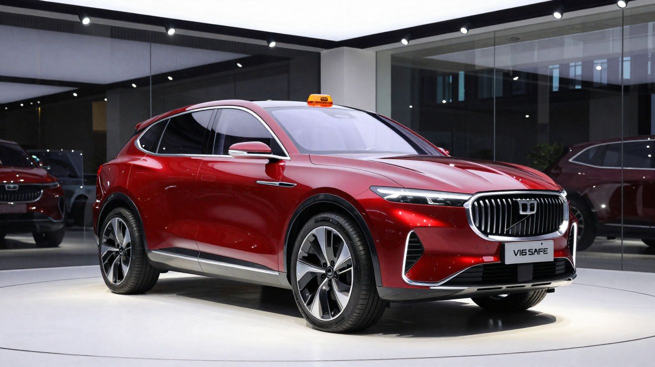 Carro elétrico vermelho de luxo V16 SAFE exibido em sala moderna com luzes brilhantes e espelhos.