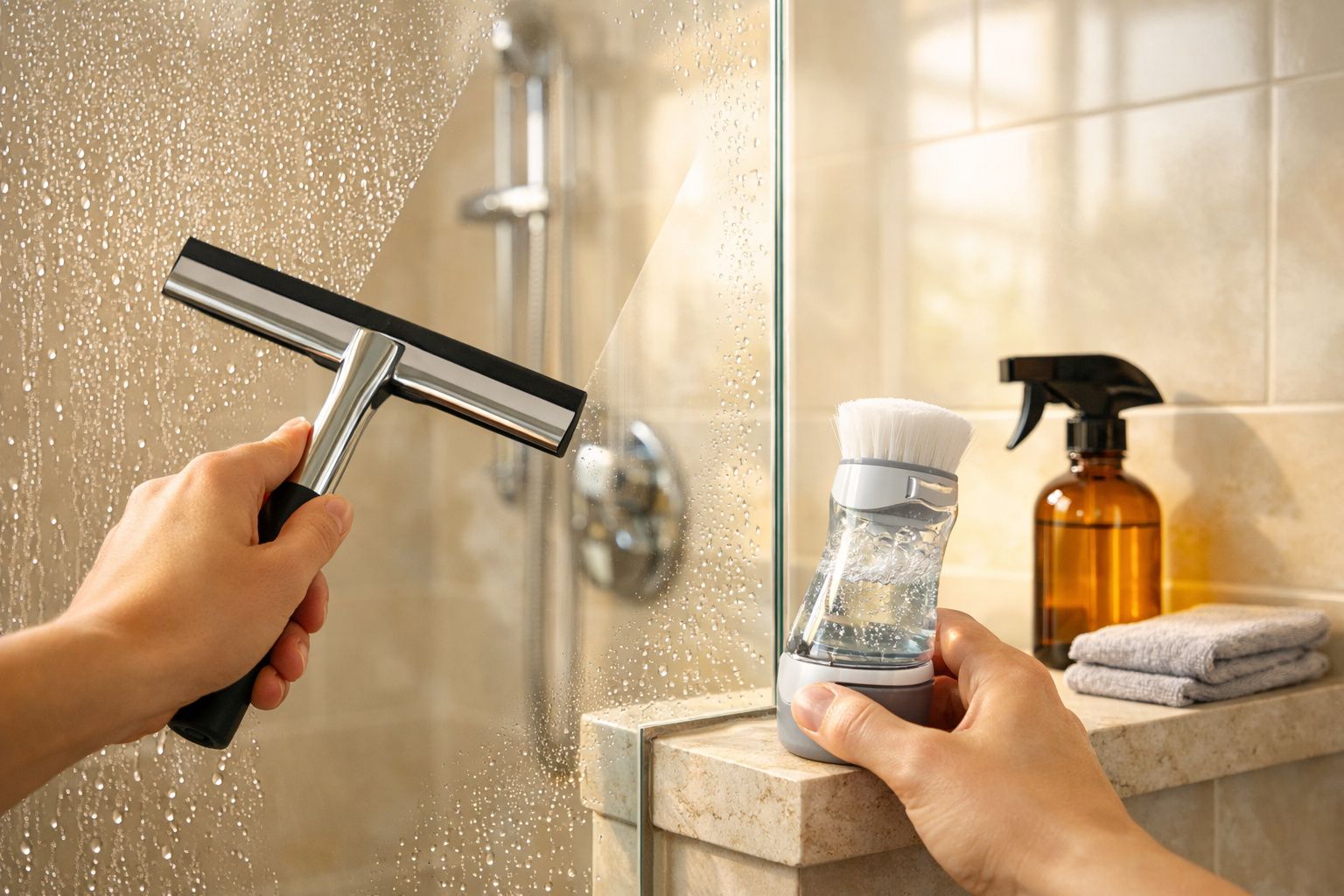 Pessoa a limpar um vidro de casa de banho com uma espátula e produto de limpeza com escova integrada.