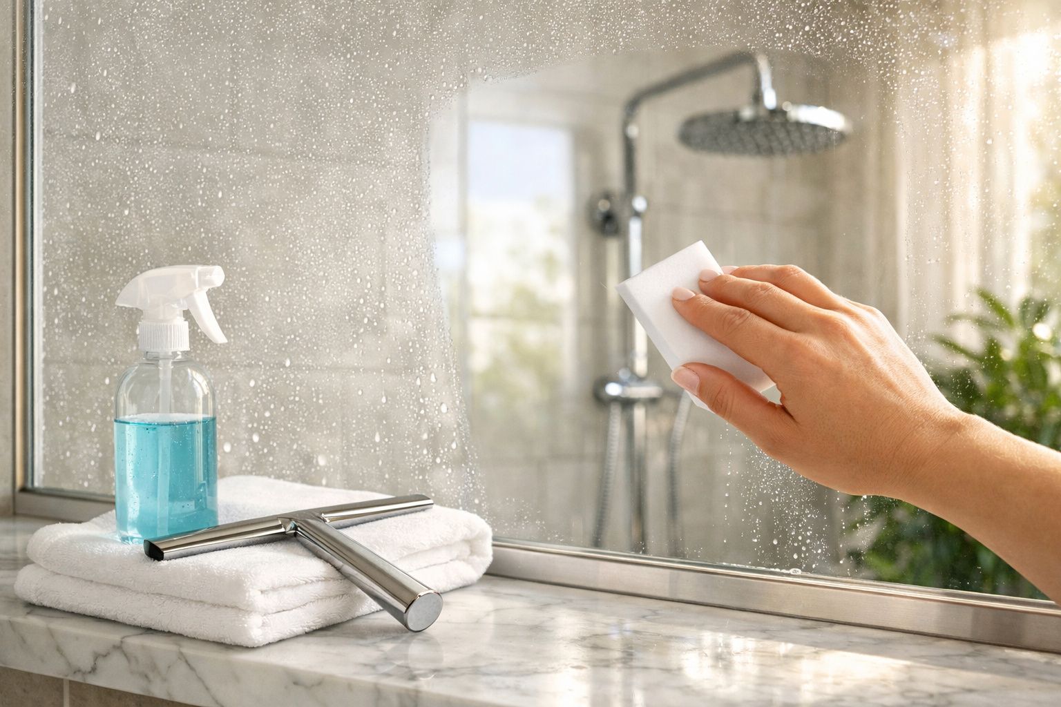 Mão a limpar espelho do banheiro com esponja branca, spray azul, toalhas e limpador metálico ao lado.