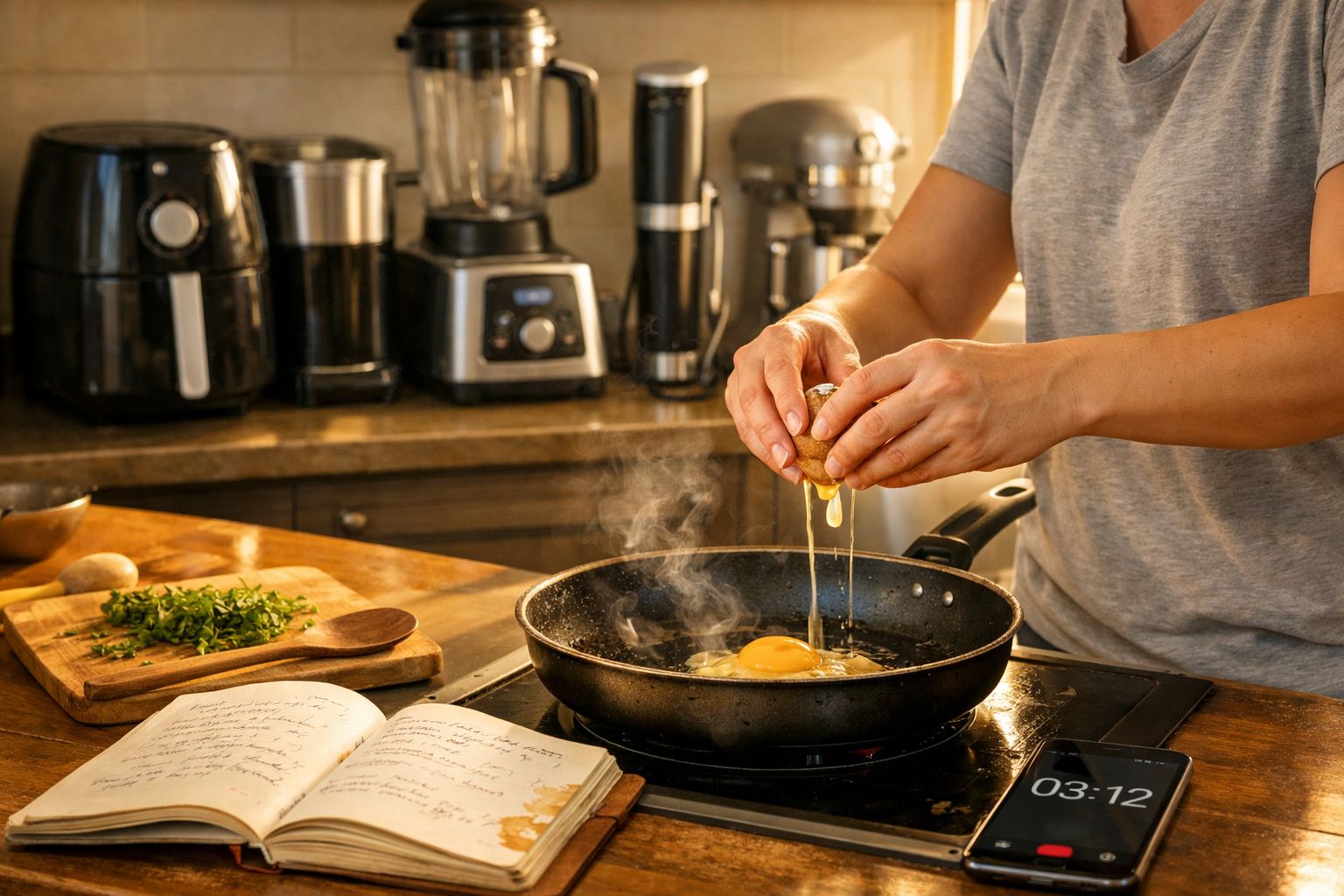 Pessoa a partir ovos numa frigideira num fogão elétrico, com ingredientes e eletrodomésticos na cozinha.
