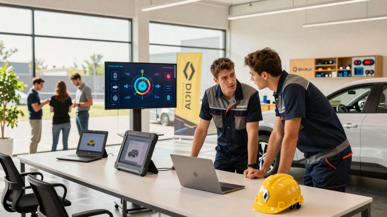 Dois técnicos conversam numa oficina moderna com computadores e um capacete amarelo numa mesa.