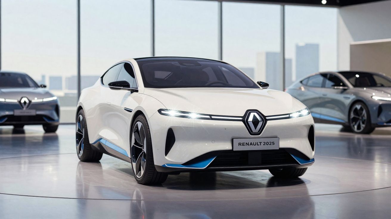 Carro elétrico branco Renault 2025 em exposição moderna com dois carros semelhantes ao fundo.