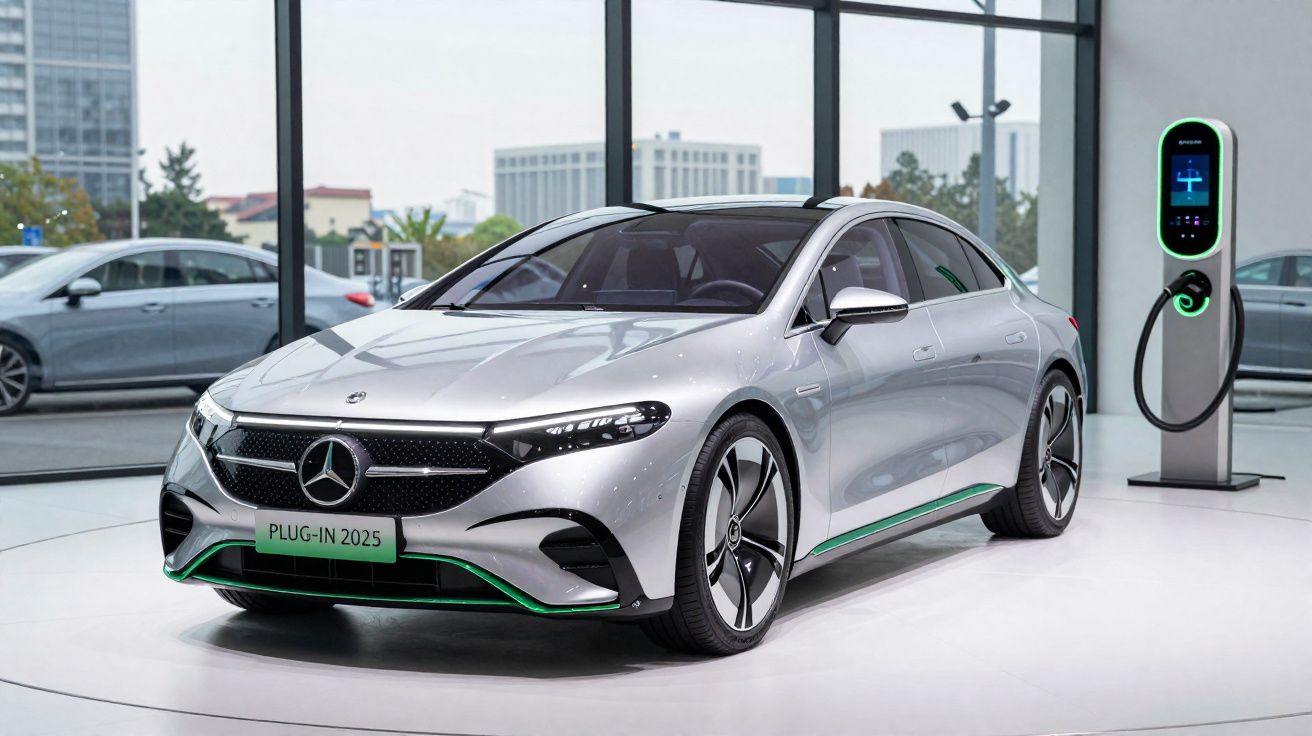 Carro elétrico Mercedes-Benz prata em exposição, ligado a posto de carregamento com etiquetas "PLUG-IN 2025".