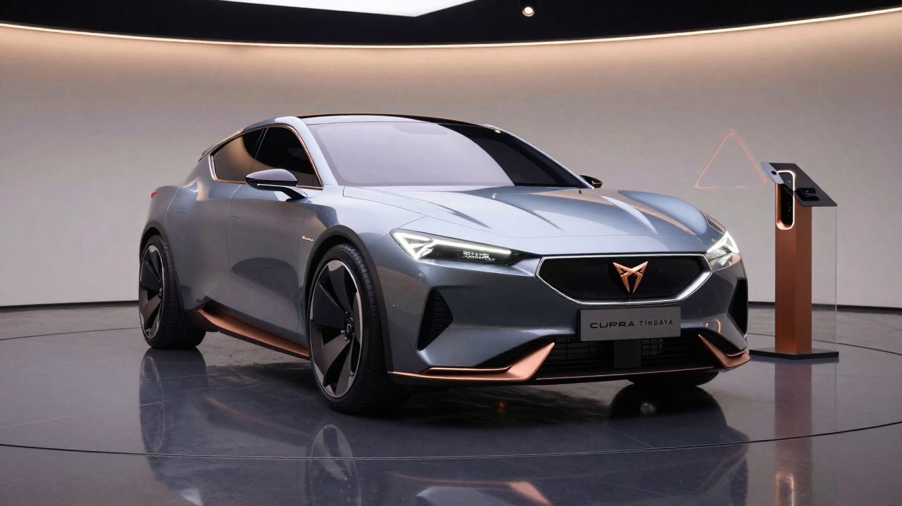 Carro elétrico Cupra cinza metálico exposto numa sala moderna com suporte de carregamento ao lado.