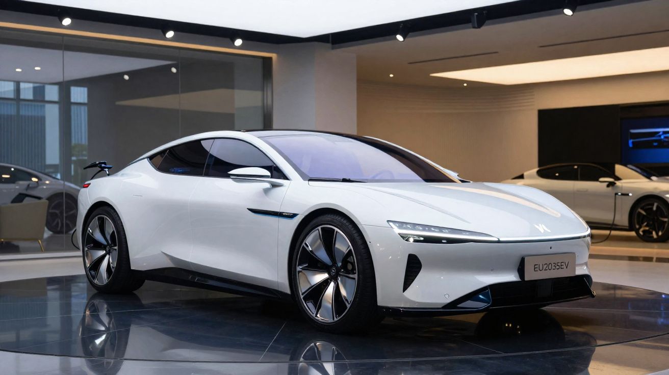 Carro elétrico desportivo branco em exposição numa sala moderna com piso refletor.