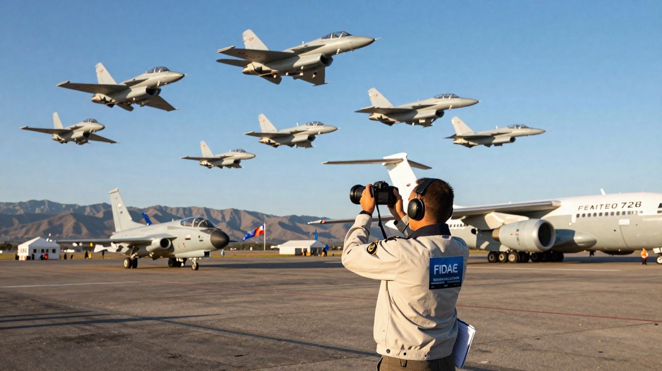 Homem com binóculos observa esquadrilha de aviões militares a voar sobre pista de aeroporto.