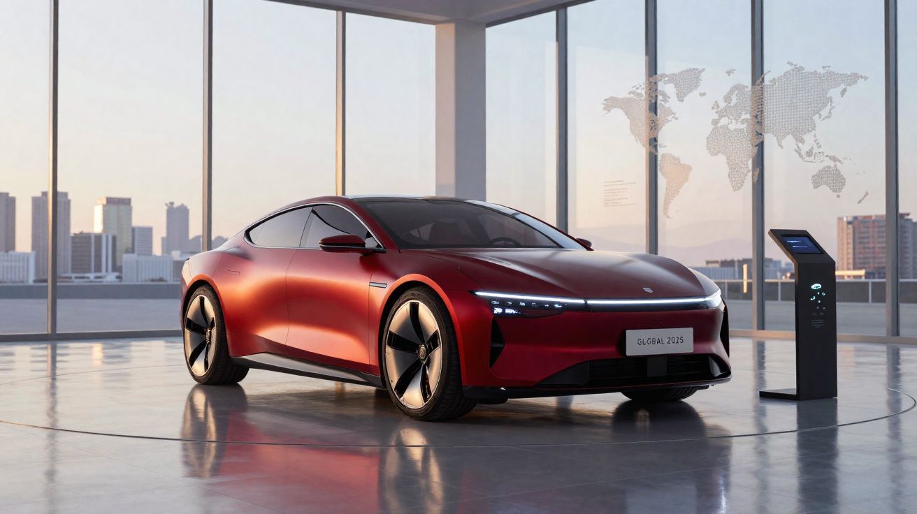 Carro elétrico desportivo vermelho exibido num showroom moderno com janelas grandes e vista urbana ao fundo.