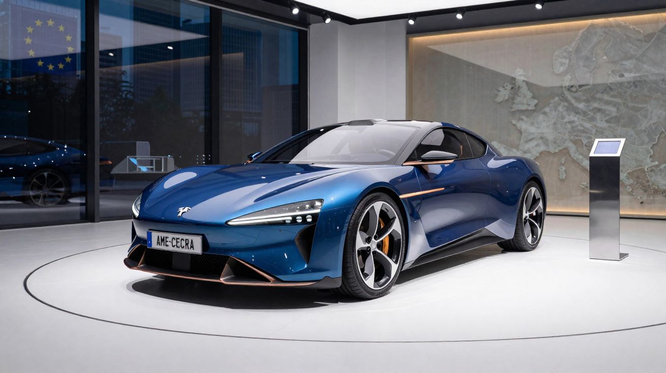 Carro desportivo elétrico azul em exposição moderna com iluminação focada e mapa da Europa na parede.