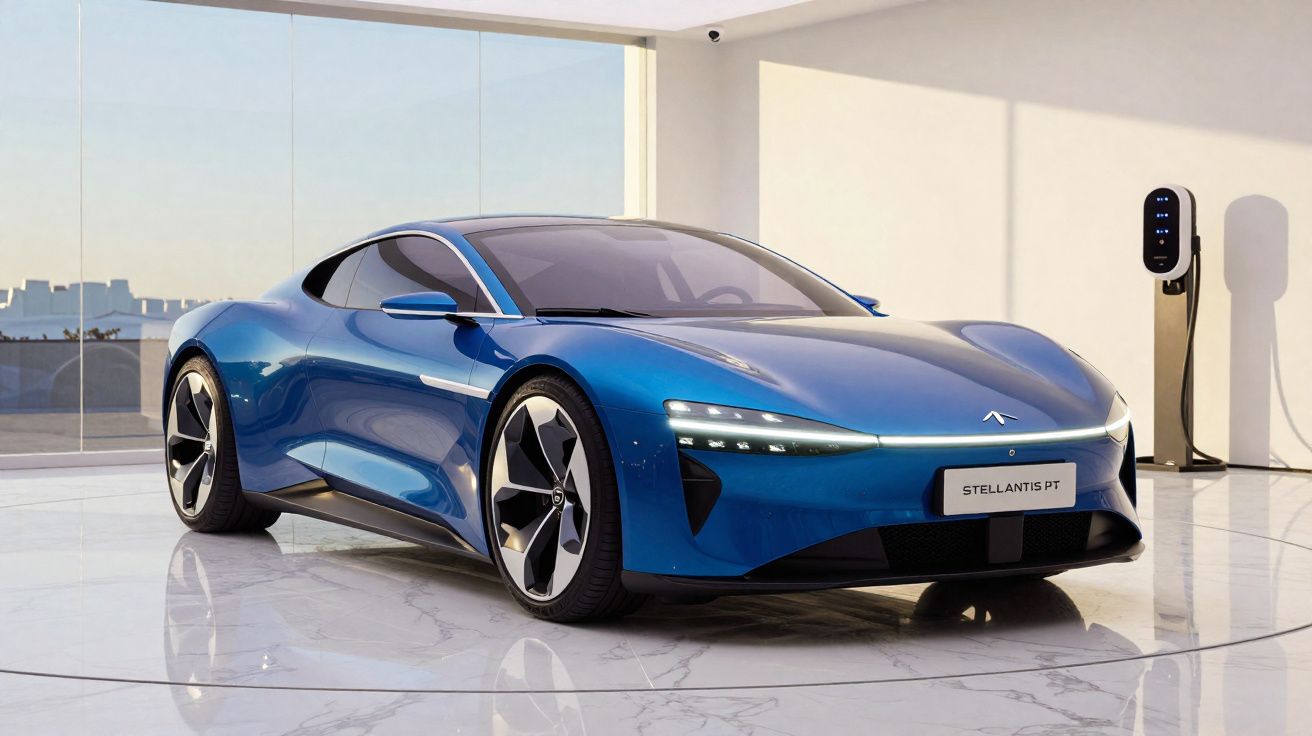 Carro elétrico desportivo azul estacionado num espaço moderno com carregador elétrico na parede.