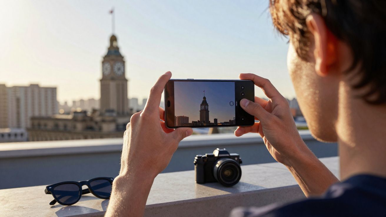 Pessoa a tirar foto de um relógio de torre com um telemóvel, com óculos e câmera no balcão.