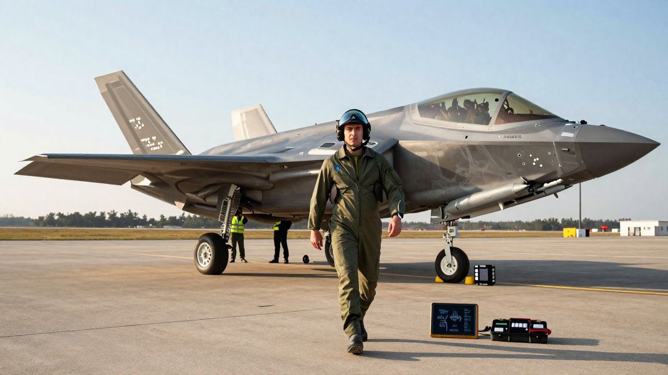 Piloto em fato de voo caminha na pista diante de caça F-35 estacionado num dia ensolarado.