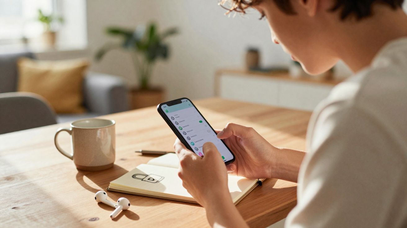Pessoa a usar smartphone com aplicação aberta, com auscultadores sem fios, caderno e caneca numa mesa de madeira.