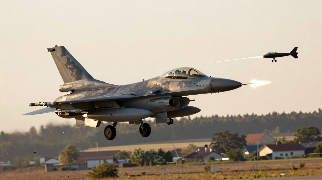 Caça F-16 a jato disparando míssil contra drone em área rural ao pôr do sol.