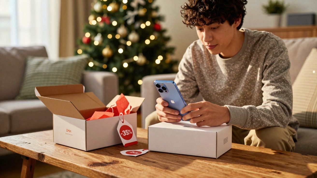 Jovem sentado no sofá a tirar uma foto de telemóvel a uma caixa de presente com árvore de Natal ao fundo.
