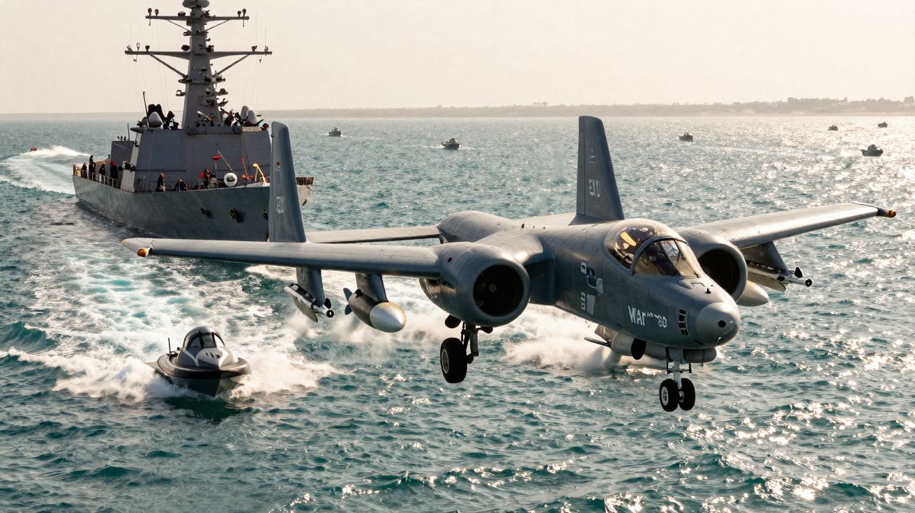 Avião militar a voar baixo sobre o mar com navio de guerra e pequeno barco no fundo.