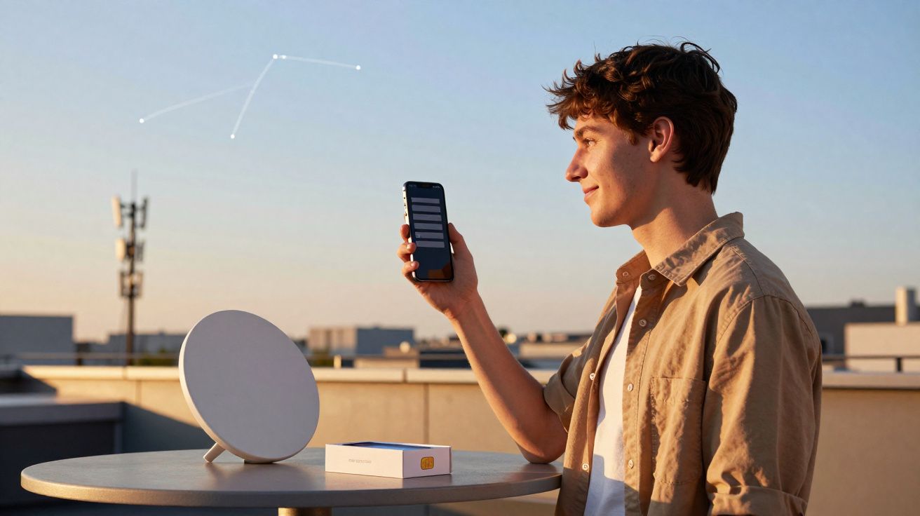 Jovem sentado ao ar livre a usar smartphone junto a antena parabólica num terraço ao pôr do sol.