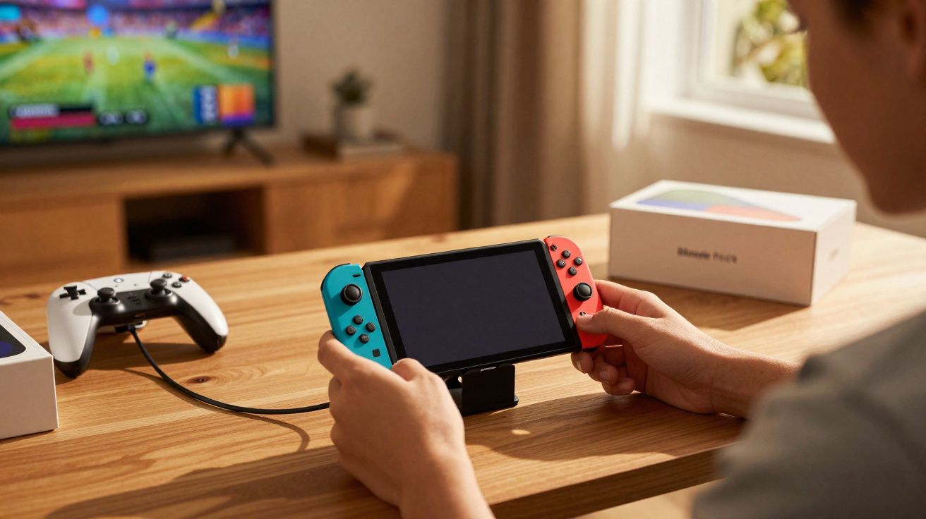 Pessoa a segurar uma consola Nintendo Switch com controlos azul e vermelho numa mesa de madeira em sala iluminada.