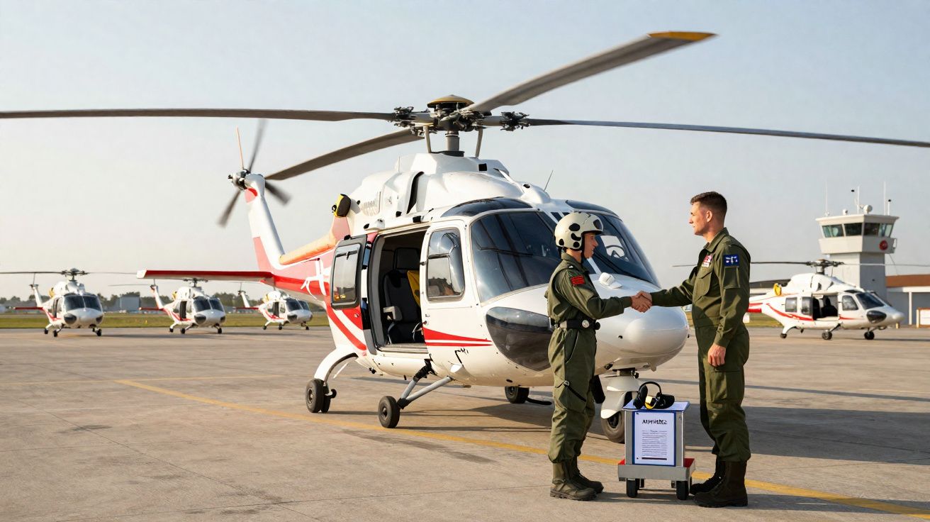 Dois militares apertam as mãos junto a um helicóptero branco com riscas vermelhas numa pista de aterragem.