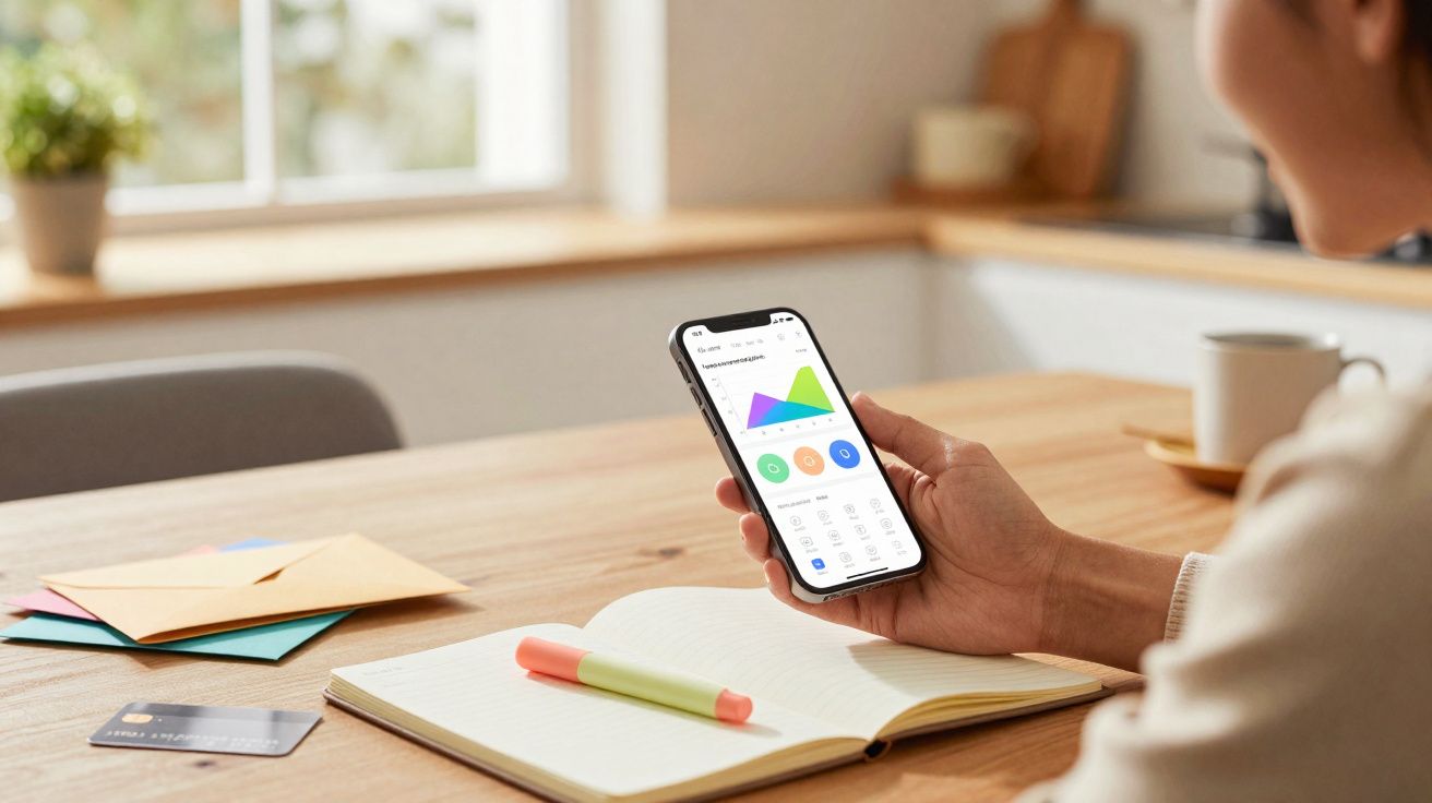 Pessoa a usar telemóvel com gráfico colorido, caderno aberto e canetas numa mesa de madeira clara.