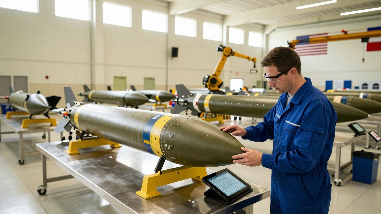 Técnico em fato azul inspeciona ogiva de míssil em oficina com várias ogivas sobre mesas de metal.
