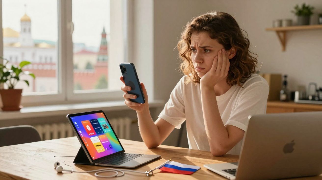 Mulher preocupada com telemóvel na mão, sentada à mesa com tablet e computador portátil no ambiente doméstico.