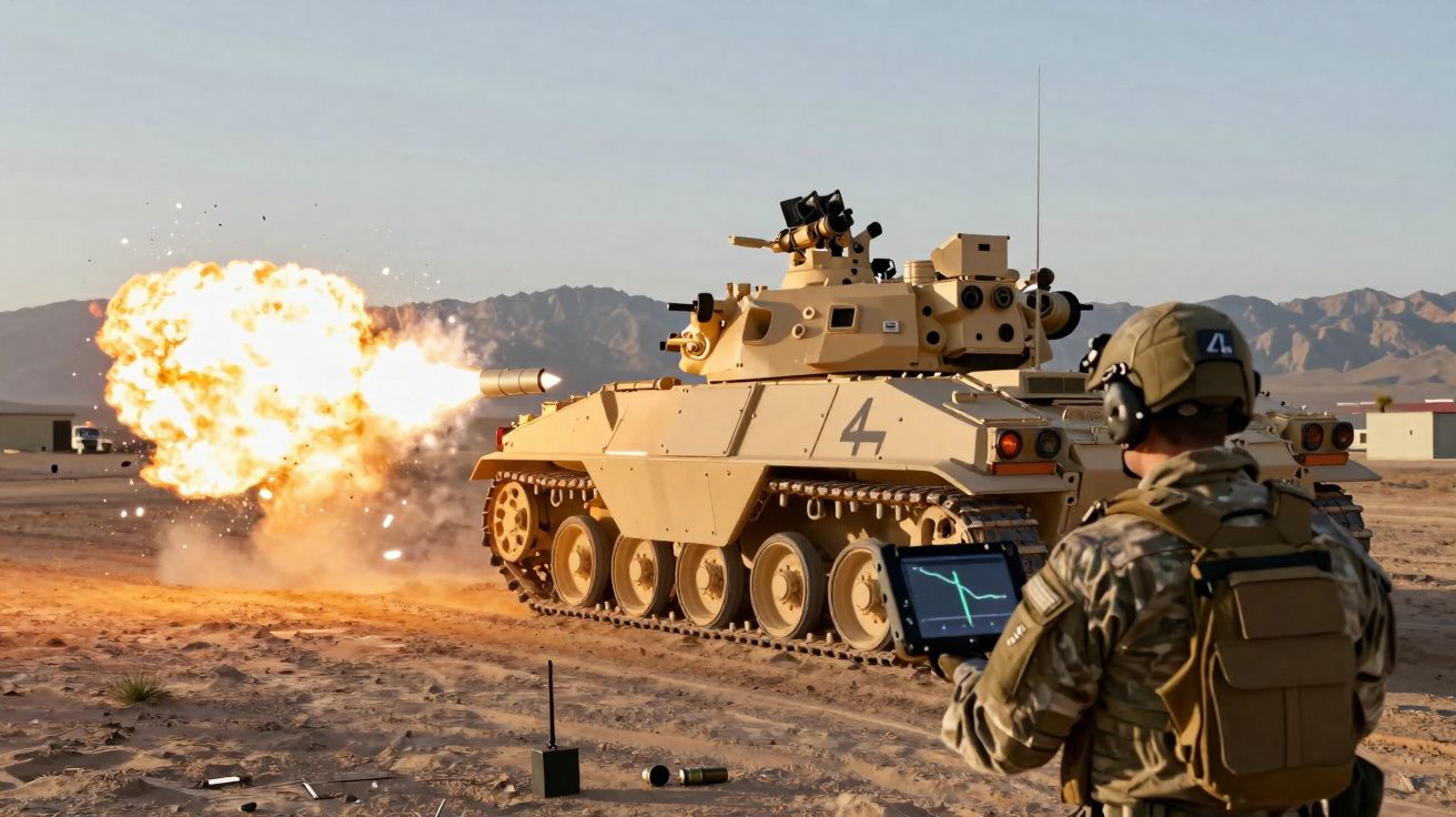 Soldado com tablet a controlar carro de combate a disparar em ambiente desértico com montanhas ao fundo.