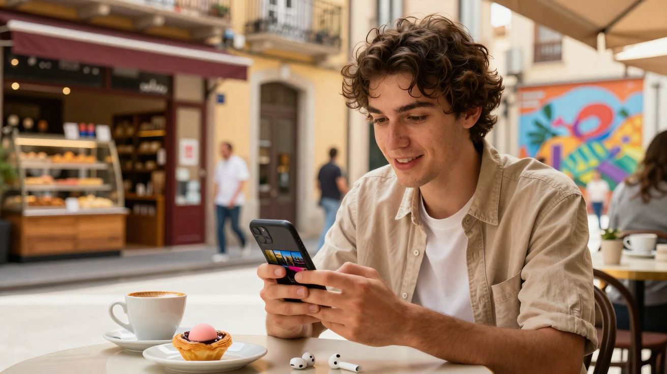 Jovem sentado numa esplanada urbana, a olhar para o telemóvel com um café e uma sobremesa à sua frente.