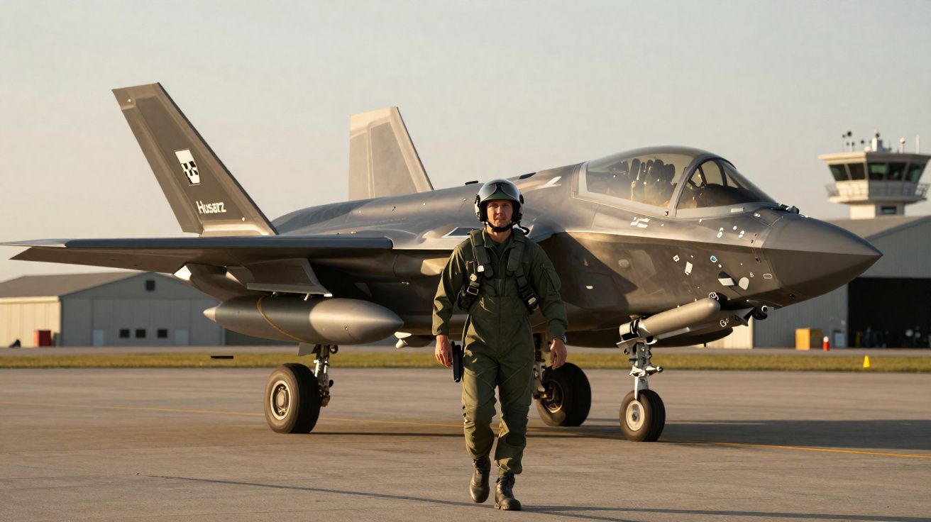 Piloto militar de fato de voo caminha na pista em frente a um avião de combate estacionado ao entardecer.