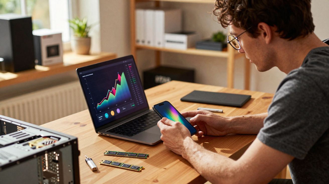 Homem com óculos sentado a analisar gráficos no computador e a usar telemóvel numa secretária de madeira.