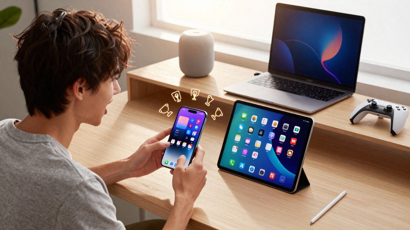 Pessoa a usar smartphone junto a tablet, laptop, colunas inteligentes e comando de videojogos numa secretária de madeira.