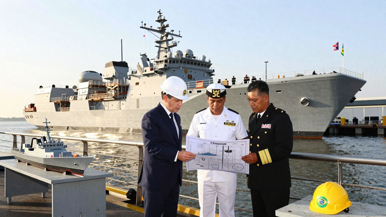 Três homens, entre eles dois militares, analisam planos junto a um porto com um navio de guerra ao fundo.