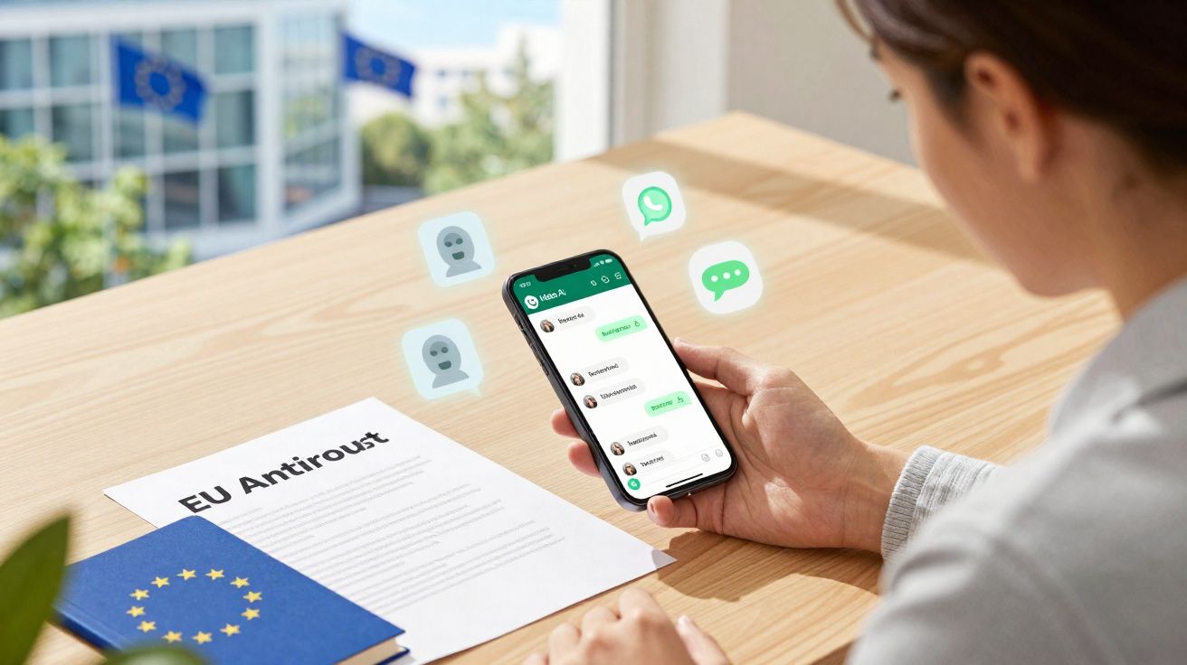 Pessoa a usar smartphone com conversa de mensagens, perto de documento "EU Antitrust" e livro da União Europeia.