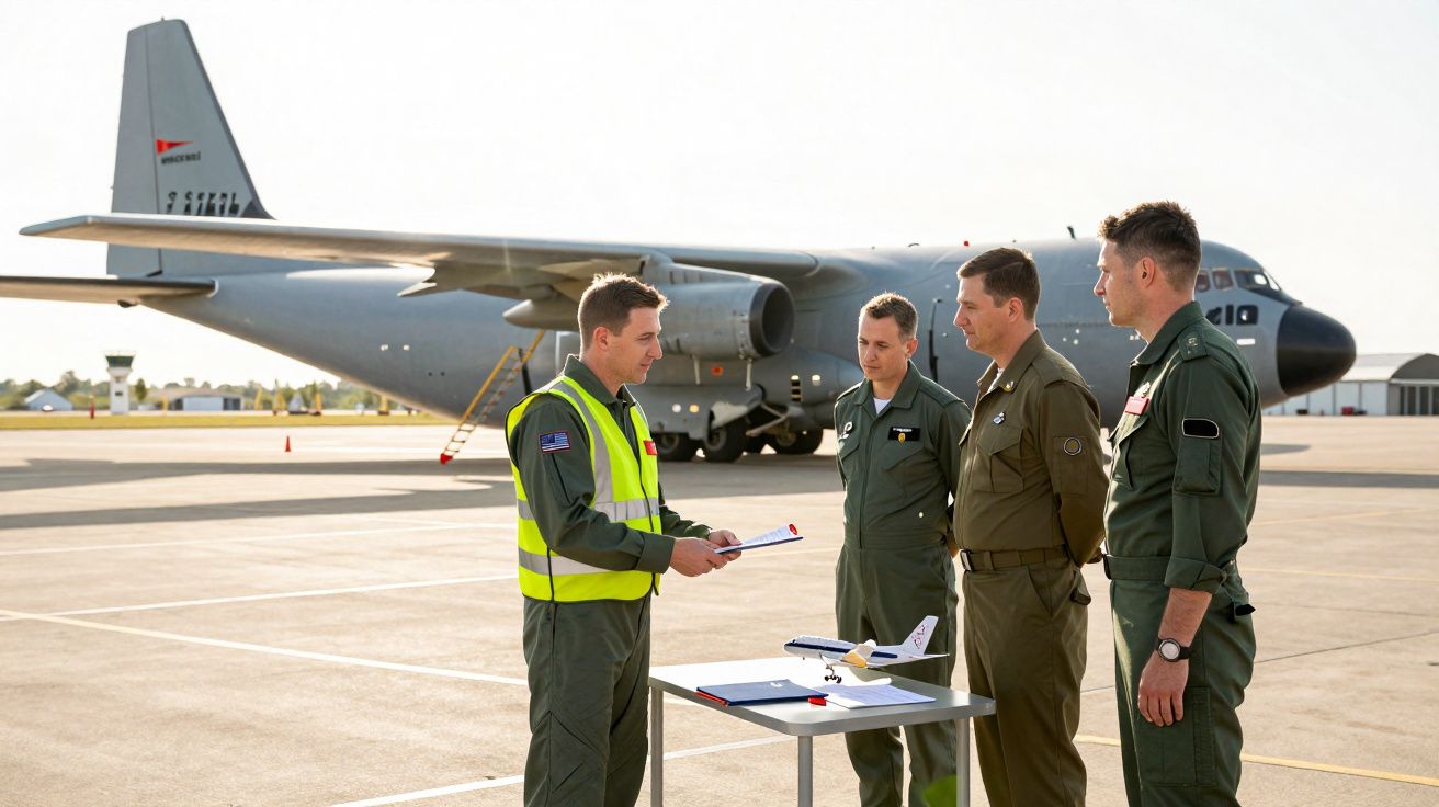 Quatro homens em uniformes militares junto a mesa com miniatura de avião em pista com avião de carga cinzento ao fundo.