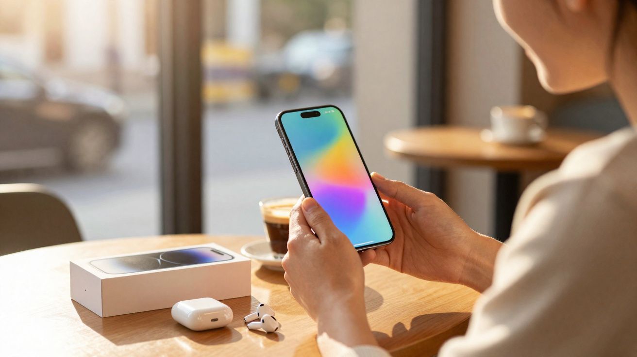 Pessoa a segurar um smartphone novo junto a uma caixa e auscultadores sem fios numa mesa de café.