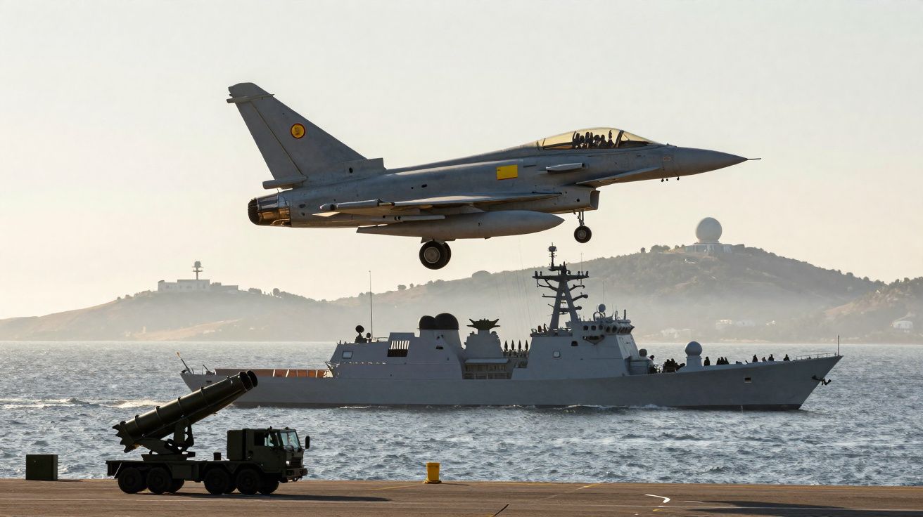 Caça militar a voar baixo sobre navio de guerra e camião militar com lança-mísseis numa base naval.