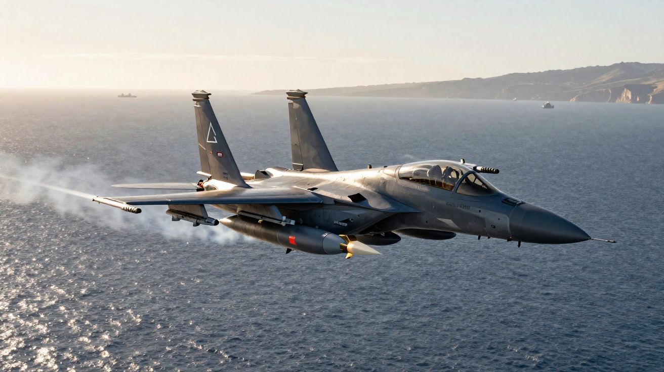 Avião militar de combate F-15 a sobrevoar o mar ao pôr do sol.