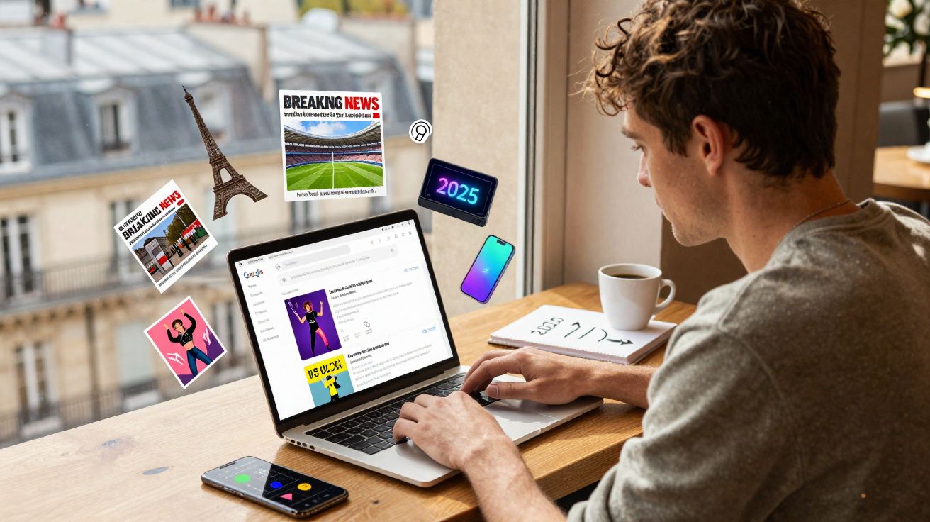 Homem sentado junto à janela a usar computador portátil com imagens flutuantes e smartphone numa mesa de madeira.