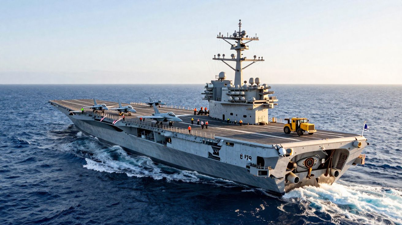 Porta-aviões militar cinzento a navegar no mar com várias pessoas no convés e um veículo amarelo.