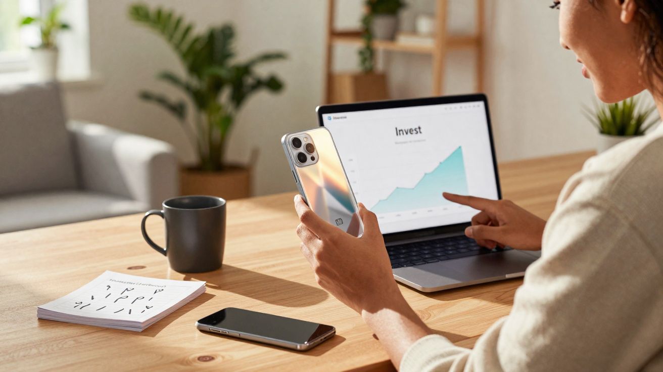 Pessoa a analisar gráfico financeiro no portátil e a segurar telemóvel num escritório acolhedor.